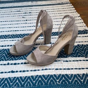 Taupe heels that tie at the ankle